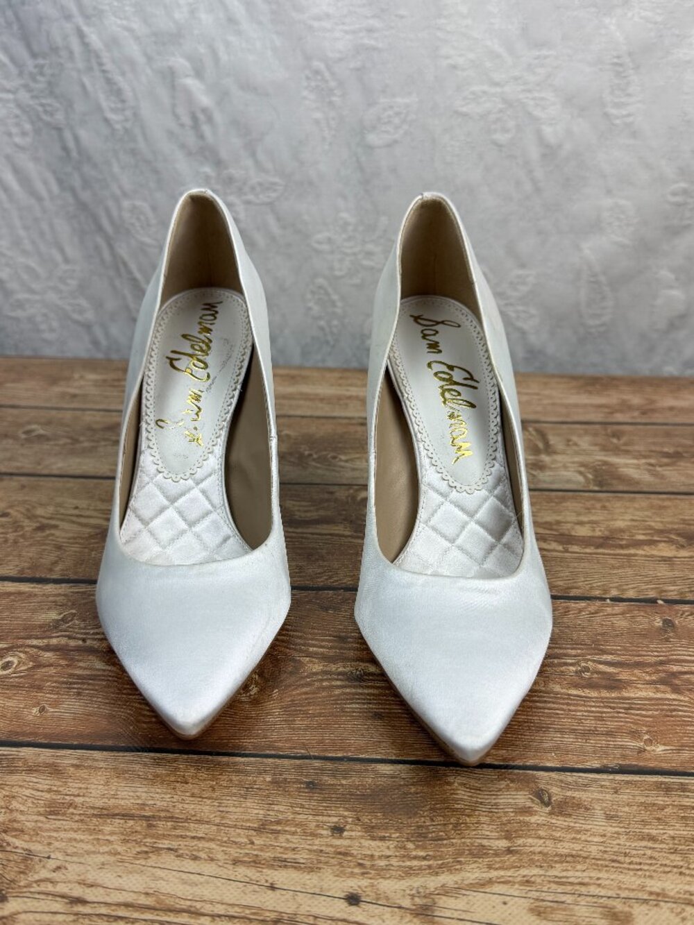 Sam Edelman White Satin Pointed Toe Stiletto Pumps Bridal Wedding Heels Size 7